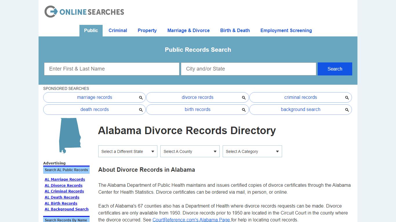 Alabama Divorce Records Search Directory - OnlineSearches.com