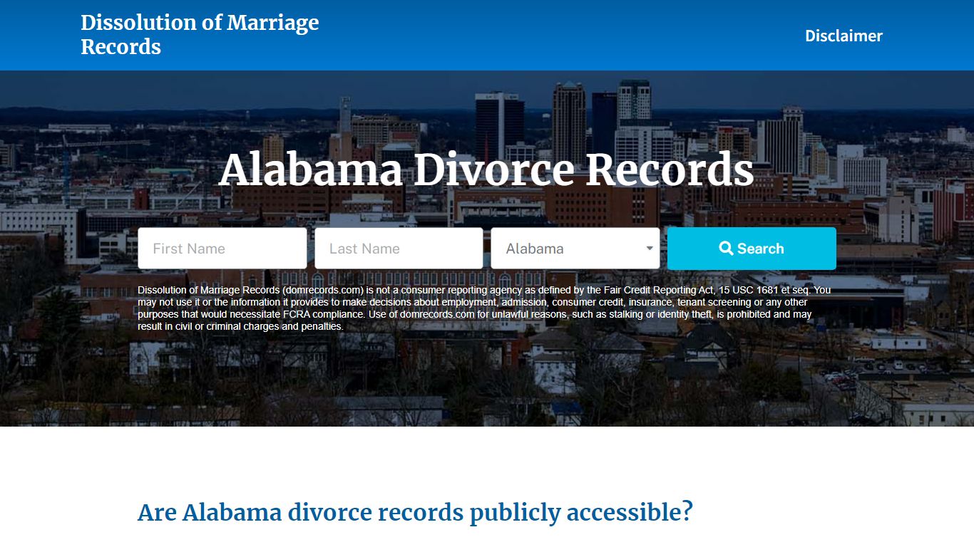 Alabama Divorce Records - Dissolution of Marriage Records